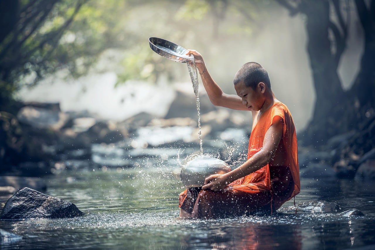 boy, monk, river, buddhist, water, ritual, buddhism, meditation, culture, oriental, religion, worship, sacred, spiritual, nature, thailand, asia-1807518.jpg