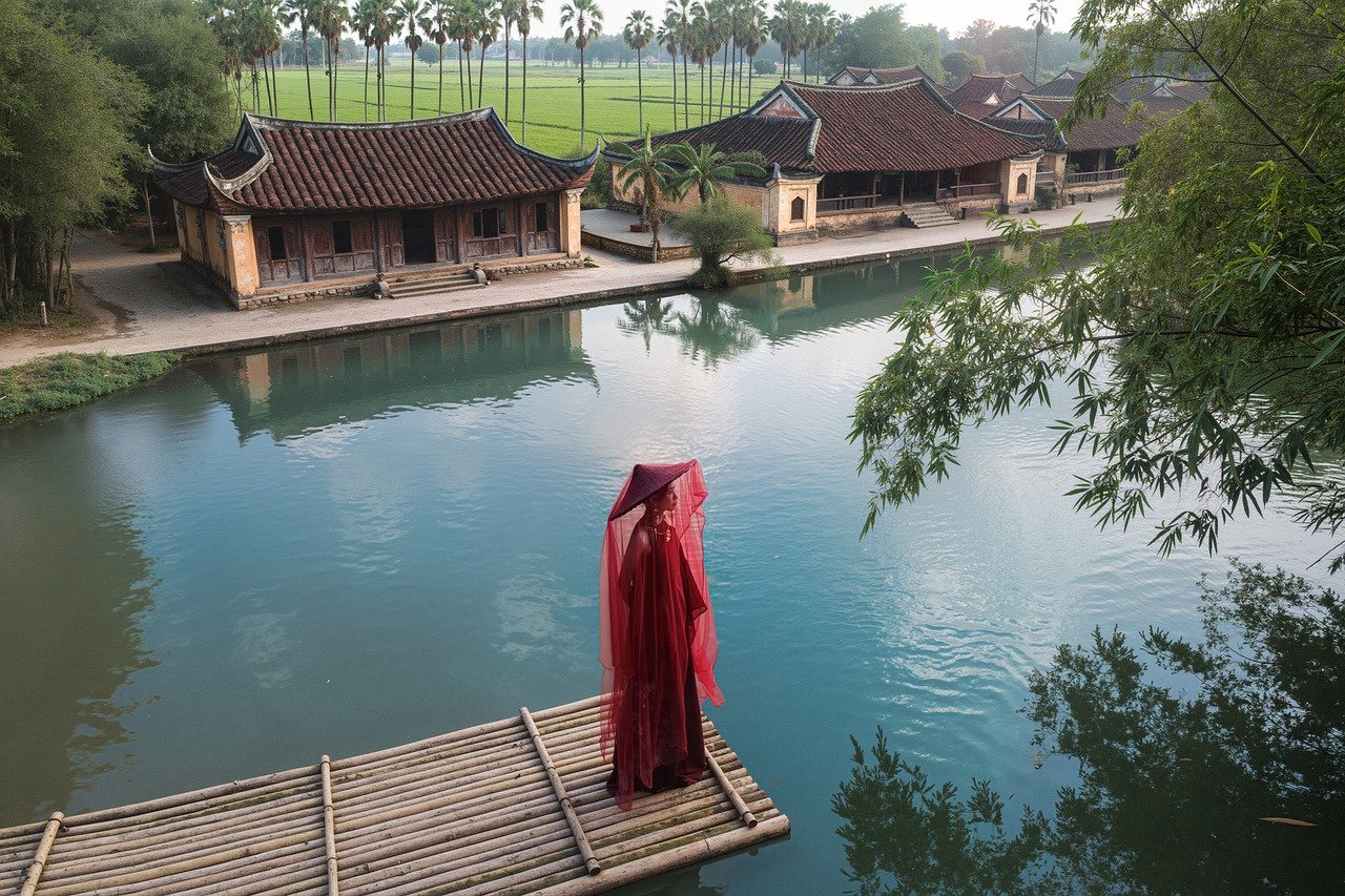 vietnamese girl, asian woman, lotus flower, river, water, bamboo raft, vietnam, nature, ancient-10115375.jpg